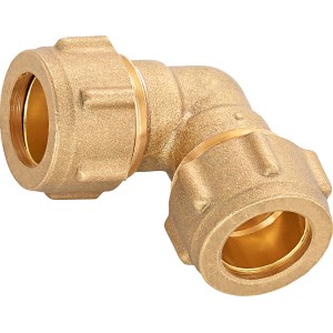 Raccordo a gomito a compressione in ottone, Ø 15 mm, per sistemi di tubazioni.