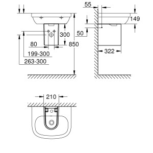 Disegno tecnico: semicolonna Grohe per lavabo in ceramica Euro con dimensioni.