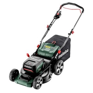 Tosaerba a batteria Metabo RM 36-18 LTX BL 46 A verde/nero con cesto raccolta. Larghezza taglio 46 cm per cura prato.