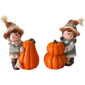 Figurines décoratives en terre cuite : Enfant avec citrouille, hauteur 11,5 cm, assorties.
