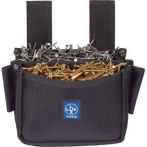 Borsa porta chiodi LUX in nylon nero con due scomparti, riempita con chiodi e viti.