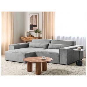 Canapé d'angle Beliani Hellnar gris avec revêtement en tissu et méridienne à droite.
