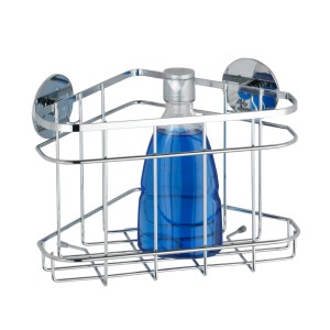 Étagère d'angle Wenko Turbo-Loc en acier inoxydable brillant, fixation murale sans perçage, avec flacon de gel douche.