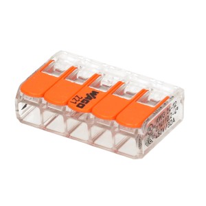 Morsetto Wago, 5 poli, rosso, per connessioni elettriche sicure.