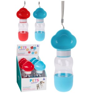 Bouteille d'eau multicolore pour animaux, idéale pour les voyages. Gamelle pour chien avec récipient intégré en rouge et bleu.