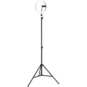 Globo LED-Stehleuchte Delgado, schwarz matt, Ø 63cm, mit Stativ und Handyhalterung für Selfies.