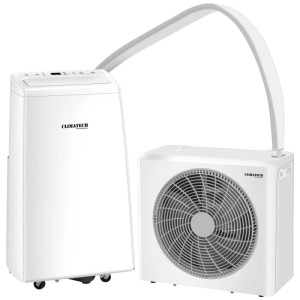 Climatiseur blanc Climatech YFG2-12H 4en1 avec tuyau de raccordement et unité extérieure.