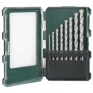 Coffret de forets à pierre Metabo, 8 pièces, dans un coffret en plastique avec des forets de différents diamètres.