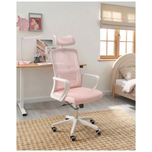 Chaise de bureau Beliani Monarch rose avec dossier en maille respirante, appui-tête et accoudoirs blancs.