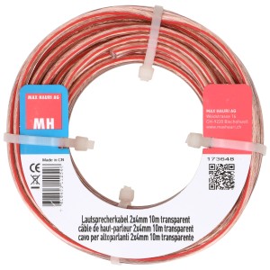 Cavo per altoparlanti trasparente arrotolato 2x4 mm², lunghezza 10 m.