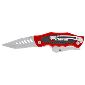 Coltello universale 2 in 1 Einhell con manico rosso e due lame: coltello tascabile e lama trapezoidale.