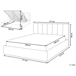 Skizze: Beiges Stoffbett 160x200 cm mit Stauraum und Maßangaben.