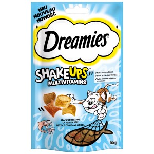 Dreamies Shake Ups Multivitamin Seafood Festival snack per gatti, confezione da 55g.