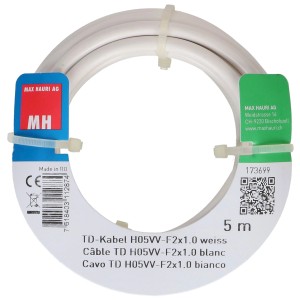 Cavo TD bianco H05VV-F, 2x1.0 mm², 5 m, arrotolato e fissato con fascette.