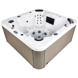 Spa extérieur Beliani Villarrica blanc avec revêtement beige, 7 places, jets de massage et éclairage LED.
