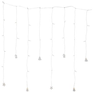 Guirlande lumineuse rideau LED Decy avec arbres, étoiles, cerfs et cloches pour un éclairage intérieur chaleureux.