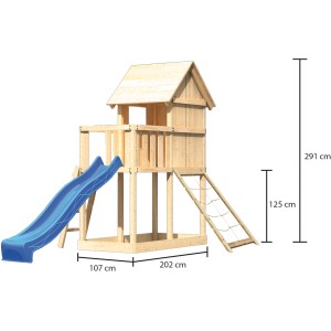 Karibu Cabane sur pilotis Frieda avec toboggan bleu et rampe en filet, en bois naturel.