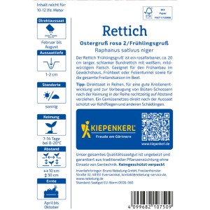 Sementi di ravanello Kiepenkerl 'Ostergruß rosa', confezione con dettagli prodotto e logo.
