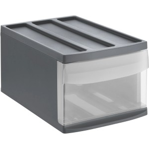 Anthrazitfarbene Rotho Schubladenbox M Systemix, Aufbewahrungsbox mit transparenter Schublade.