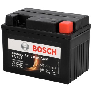 Batterie moto noire Bosch FA109 AGM 3Ah/50A pour scooters, quads et véhicules tout-terrain.