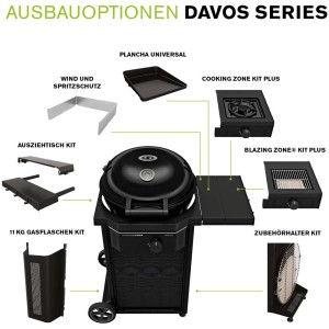 Barbecue a gas Outdoorchef Davos 570 G Pro: opzioni di espansione come blazing zone, piano cottura, paravento, bombola del gas e portaccessori.