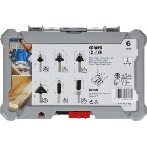 Set di frese per bordi e scanalature Bosch, 6 pezzi, codolo 8 mm in scatola grigia.