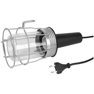 Lampe à main Steffen E27 avec verre et support métallique. Lampe de travail robuste avec grille de protection et crochet.