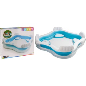 Piscina gonfiabile quadrata per famiglie con angoli di seduta e portabevande.