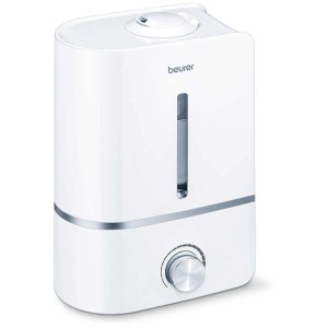 Humidificateur d'air Beurer LB 45 blanc avec indicateur de niveau d'eau et bouton de commande chromé.