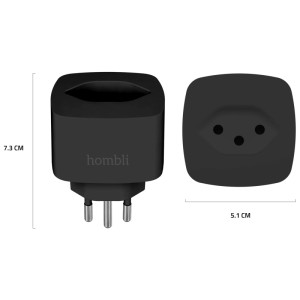 Schwarze Hombli Smart Steckdose CH für Hausautomation, WLAN-fähig.