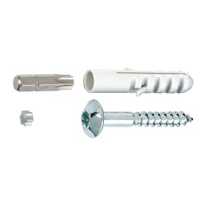 Schrauben-Set für Fenstergitter-Befestigung, 135 mm, mit Dübel, Bit und Abdeckkappe.
