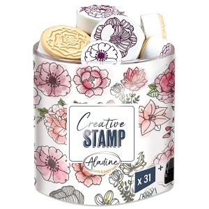 Set di timbri Flowers, 31 pezzi con tampone, in scatola decorata con fiori.