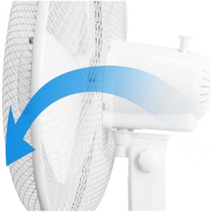 Gros plan : ventilateur sur pied Emerio blanc avec marquage bleu de la fonction pivotante.