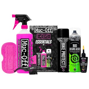Muc-Off eBike Reinigungsset, 6-teilig: Reiniger, Schutz, Schmiermittel, Schwamm und Bürste für die Fahrradpflege.