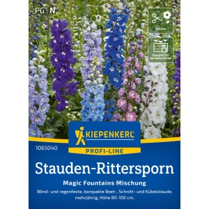 Mix di delphinium perenne Kiepenkerl Magic Fountains con fiori rosa, blu e bianchi.