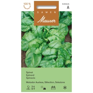 Graines Mauser, graines de légumes, épinards Matador, paquet avec plante d'épinards.