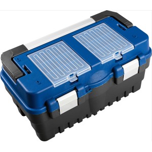 Boîte à outils LUX KWK-26 en plastique avec compartiments, bleu et noir.