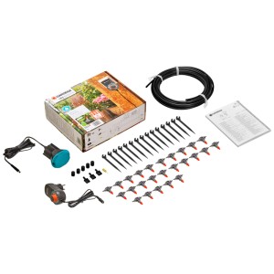 Kit d'arrosage pour balcon Gardena City Gardening avec pompe, tuyaux, goutteurs et accessoires.