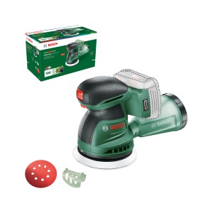 Ponceuse excentrique sans fil Bosch UniversalOrbit 18V-20 (sans batterie) avec papier abrasif et boîtier à poussière.
