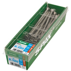 Vis Spax en acier inoxydable A2, 6x120 mm, 30 pièces dans un récipient vert.