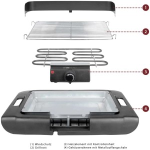 Clatronic BQ 3507 barbecue elettrico: componenti come paravento, griglia, elemento riscaldante e alloggiamento con vaschetta.