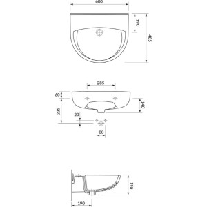 Schéma technique du lavabo Mito, 60 cm, avec trou de robinet et trop-plein, dimensions et vues.