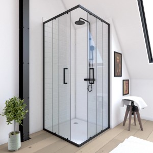 baliv Factory douche d'angle, 90x90 cm, avec cadre noir et verre de sécurité.
