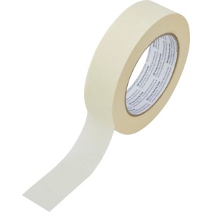 Nastro adesivo di carta beige, un rotolo con pezzo srotolato. Ideale per mascheratura e lavori di pittura.