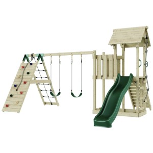 Torre gioco OutdoorToys Roskilde con scivolo, altalene e parete da arrampicata.