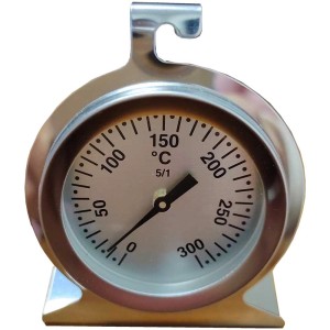 Thermomètre de four en acier inoxydable argenté avec crochet et support.