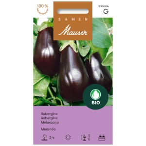 Graines Mauser Aubergine Meronda : Sachet de graines avec des aubergines violettes en forme de poire.