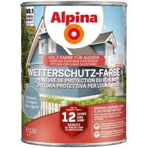Dose Alpina Wetterschutzfarbe deckend Silbergrau, Holzfarbe für Aussen, 2,5 l