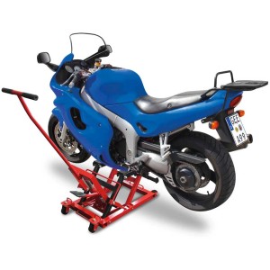 Sollevatore moto Cartrend con moto blu per manutenzione o riparazione.