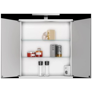 Armoire de toilette Jokey Kandi LED blanche ouverte avec étagères en verre, prise et accessoires de salle de bain.